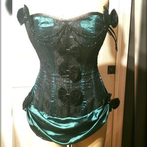 Corset Story Green Steel Boned Corset with Black Lace, Velvet Bows, Beading, S